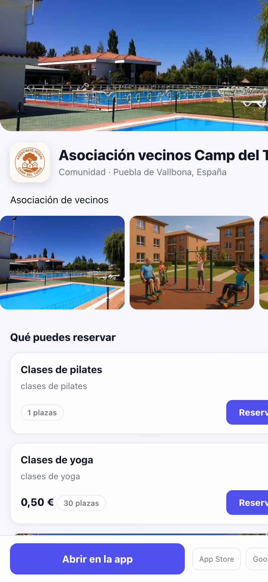 App de Reserving mostrando el panel de un club