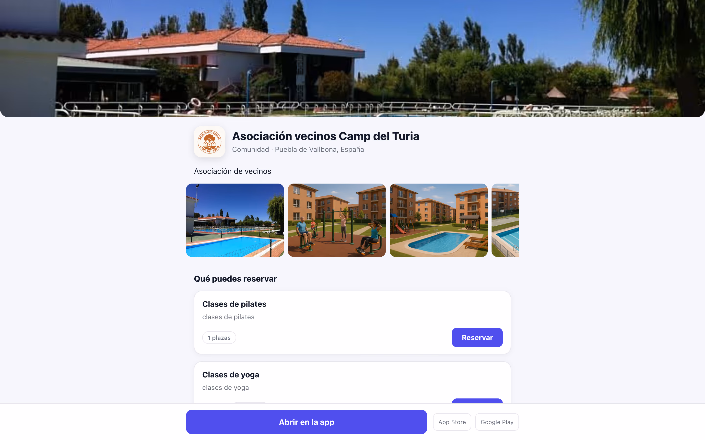 Página pública de un club en reserving.app con su galería y botón de reservar