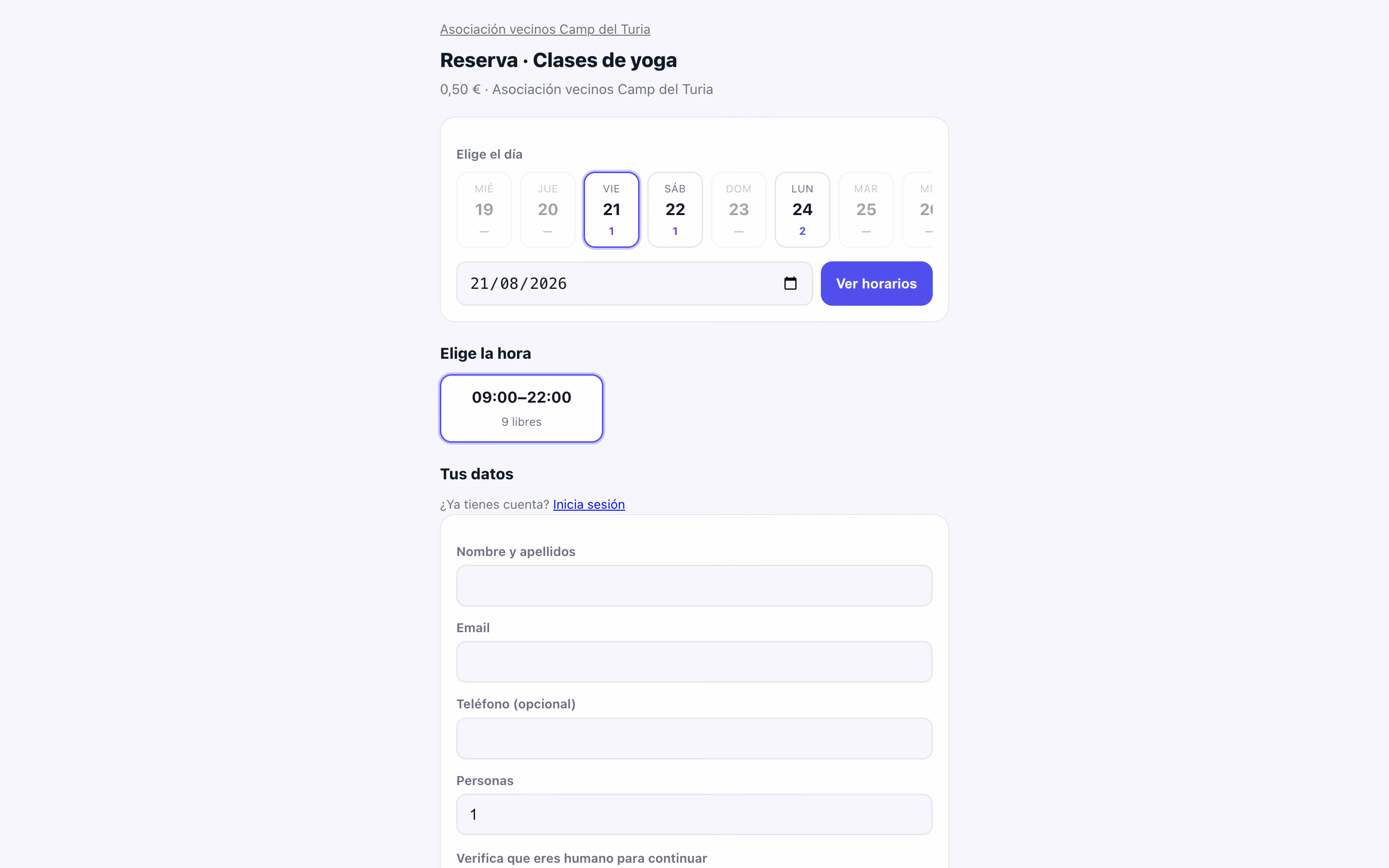 Página pública de un club en reserving.app con su galería y botón de reservar